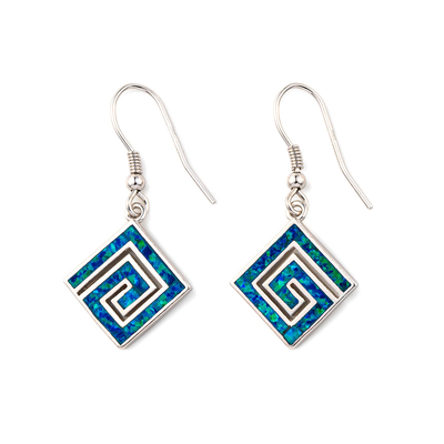 925 Dengan Sterling Silver Kunci Yunani Natural Blue Garnet Stud Berliku-liku Opal Anting Untuk Wanita
