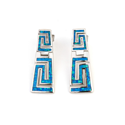 925 Dengan Sterling Silver Kunci Yunani Natural Blue Garnet Stud Berliku-liku Opal Anting Untuk Wanita