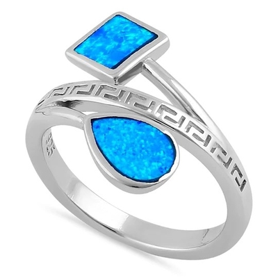 Sterling Sliver 925 Yunani Kuno Liku-liku Kunci Gelombang Modern Desain Cincin Biru Opal Untuk Wanita