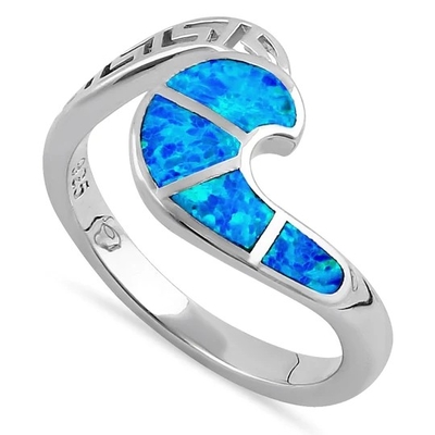 Sterling Sliver 925 Yunani Kuno Liku-liku Kunci Gelombang Modern Desain Cincin Biru Opal Untuk Wanita