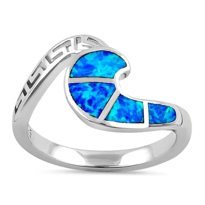 Sterling Sliver 925 Yunani Kuno Liku-liku Kunci Gelombang Modern Desain Cincin Biru Opal Untuk Wanita