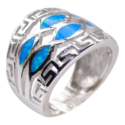 Blue Opal Greek Key Design Sampul Solid 925 Sterling Silver Ring Biru Opal Perhiasan Untuk Pria