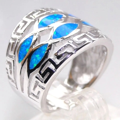 Blue Opal Greek Key Design Sampul Solid 925 Sterling Silver Ring Biru Opal Perhiasan Untuk Pria