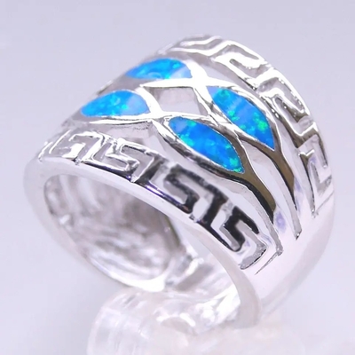 Blue Opal Greek Key Design Sampul Solid 925 Sterling Silver Ring Biru Opal Perhiasan Untuk Pria
