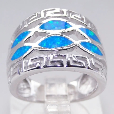 Blue Opal Greek Key Design Sampul Solid 925 Sterling Silver Ring Biru Opal Perhiasan Untuk Pria