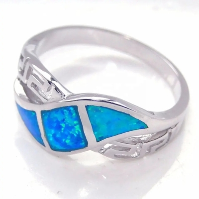Blue Opal Kunci Yunani Desain Sampul 925 Sterling Cincin Perak Perhiasan Buatan Tangan Opal Untuk Wanita