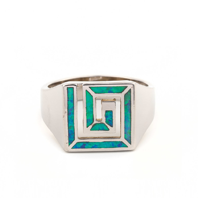 Blue Opal Kunci Yunani Desain Sampul 925 Sterling Cincin Perak Perhiasan Buatan Tangan Opal Untuk Wanita