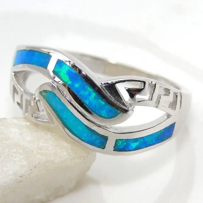 925 Sterling Silver Perhiasan Desain Yunani, Cincin Kawin Pertunangan Meandros Opal Biru