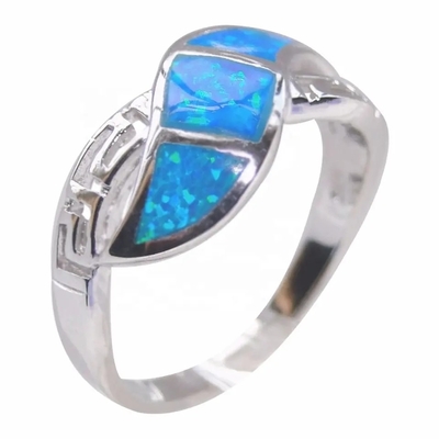 925 Sterling Silver Perhiasan Desain Yunani, Cincin Kawin Pertunangan Meandros Opal Biru