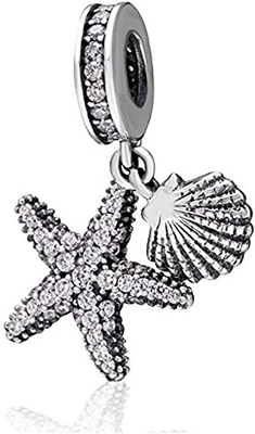 Bintang Laut Tropis &amp; Pesona Gantung Kerang Laut - Manik-manik Perak Sterling 925 - Gelang Mantra Manik Gaya Eropa