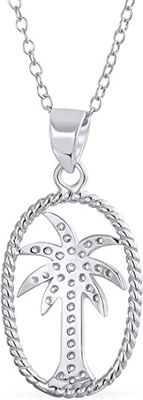 Silver Smile - Solid Sterling Silver Kalung Liontin Pohon Palem Tropis yang Indah, dengan Rantai Jangkar 17,5 inci untuk Wanita