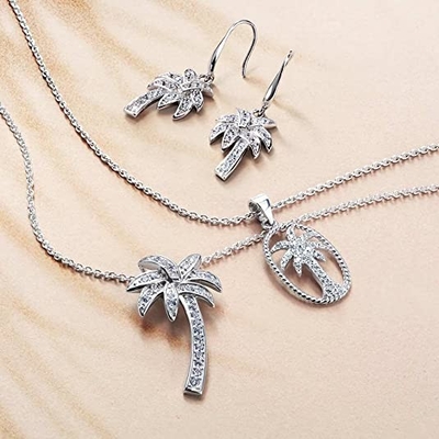 Silver Smile - Solid Sterling Silver Kalung Liontin Pohon Palem Tropis yang Indah, dengan Rantai Jangkar 17,5 inci untuk Wanita