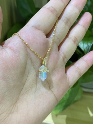 Kalung Batu Bulan Alami Heksagonal, Kalung Rantai Kabel Emas 14k Panjang 14 inci