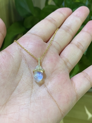 Kalung Batu Bulan Alami Heksagonal, Kalung Rantai Kabel Emas 14k Panjang 14 inci