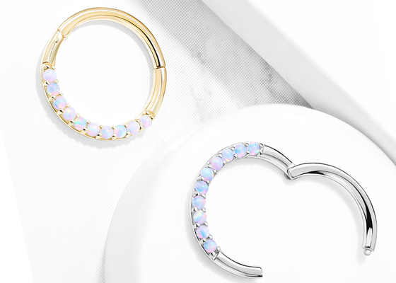 Piercing Berengsel 14k Gold Clicker Hoop 1.2mm×10mm Dengan White Opal