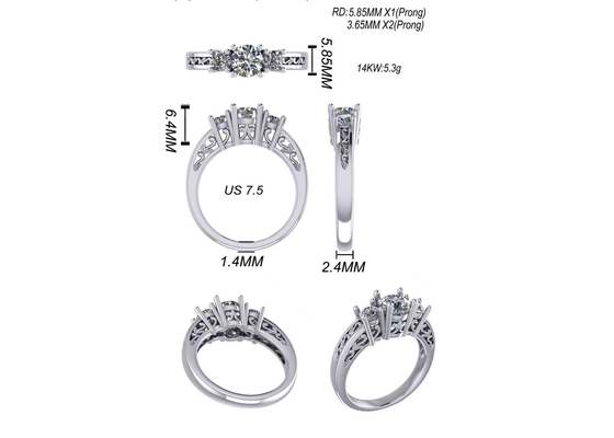 0.8ct 14k Perhiasan Emas Padat, Pengaturan Cabang RD5.85mm Cincin Berlian Tiga Batu