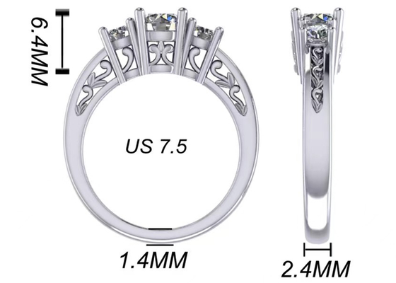 0.8ct 14k Perhiasan Emas Padat, Pengaturan Cabang RD5.85mm Cincin Berlian Tiga Batu