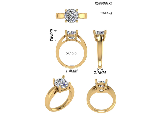 Pengaturan tangan 14K Perhiasan Emas Padat, Cincin Berlian Solitaire Alami 2.7ct Potongan Bulat