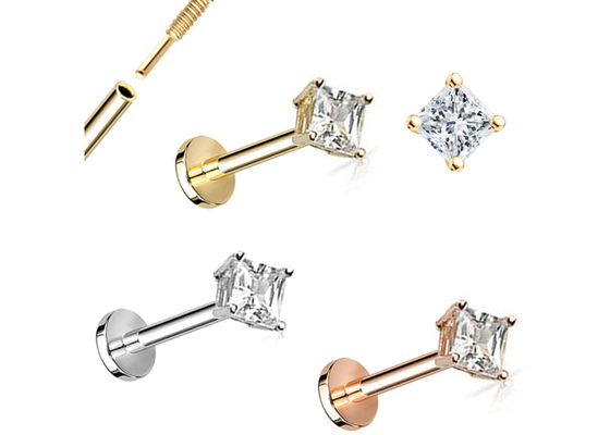 14K Gold Princess Cut Diamond Stud Earrings Dia 3 × 3mm ODM untuk Ulang Tahun