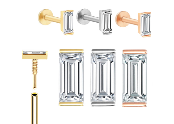 14K Gold Body Piercing Jewelry Earring OEM ODM Dengan Rectangle Diamond