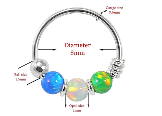 Dia 8mm Hoop Nose Piercing, Cincin Hidung Emas Putih Dengan 3 Buah Batu Opal ODM
