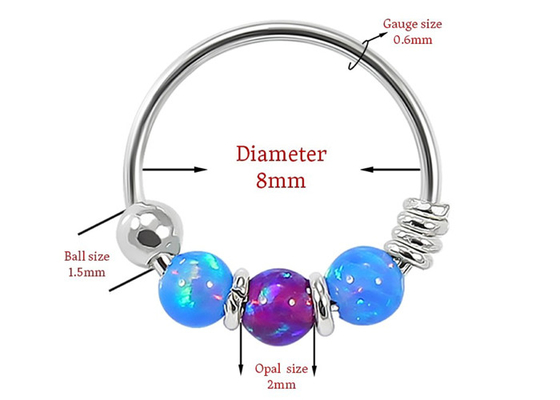 Dia 8mm Hoop Nose Piercing, Cincin Hidung Emas Putih Dengan 3 Buah Batu Opal ODM