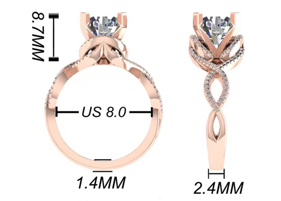 ODM 18K Rose Gold Ring 9mm Brilliant Round Cut Untuk Hadiah Pernikahan