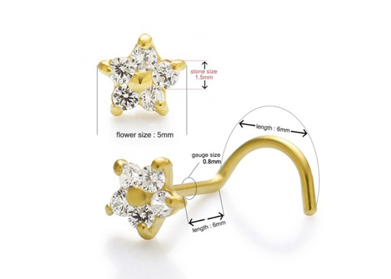 Bentuk Bunga 18k Emas Berlian Pejantan Hidung Dengan 1.5mm 0.07ct 4 Potongan Berlian Asli