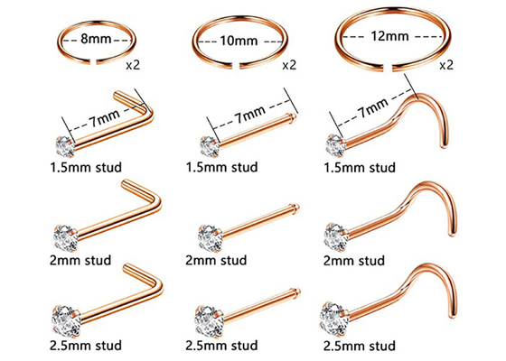 ODM 18k Rose Gold Cincin Hidung, Pin Tindik Hidung Dengan Berlian Alami 1,5-2,5mm