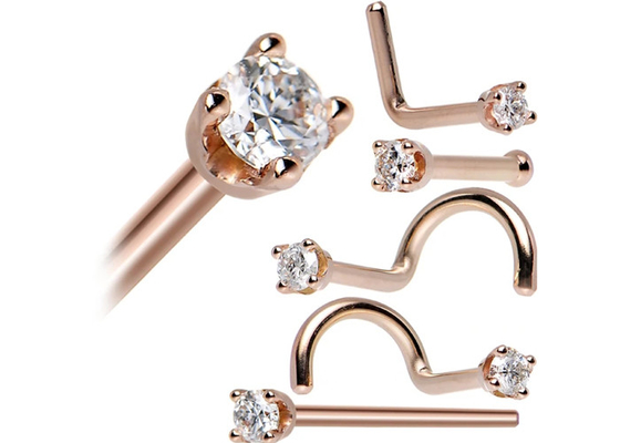 ODM 18k Rose Gold Cincin Hidung, Pin Tindik Hidung Dengan Berlian Alami 1,5-2,5mm