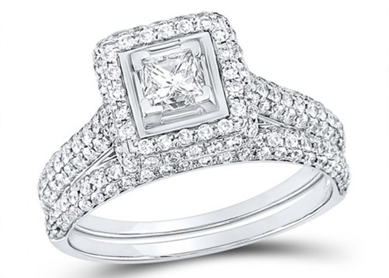 Cincin Janji Potongan Persegi Emas Kuning 14K 0.8ct Tiga Batu