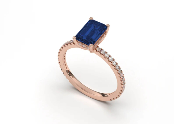 Cincin Perhiasan Berlian Nyata Safir Biru Emerald Cut Ukuran 8 × 6mm