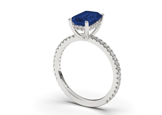 Cincin Perhiasan Berlian Nyata Safir Biru Emerald Cut Ukuran 8 × 6mm