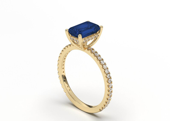 Cincin Perhiasan Berlian Nyata Safir Biru Emerald Cut Ukuran 8 × 6mm