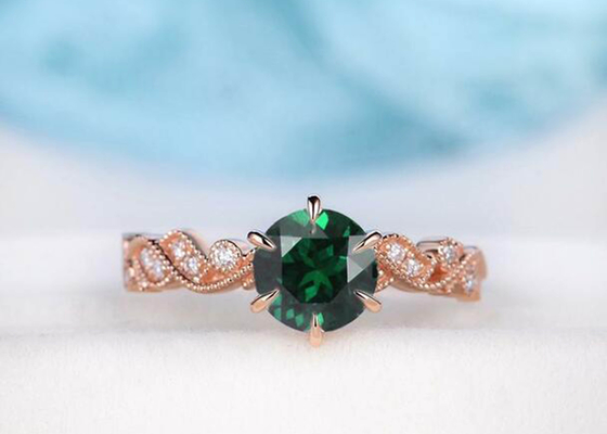 Vintage Emerald Nyata Berlian Perhiasan Cincin Floral Vine Cut Ukuran 6.5mm