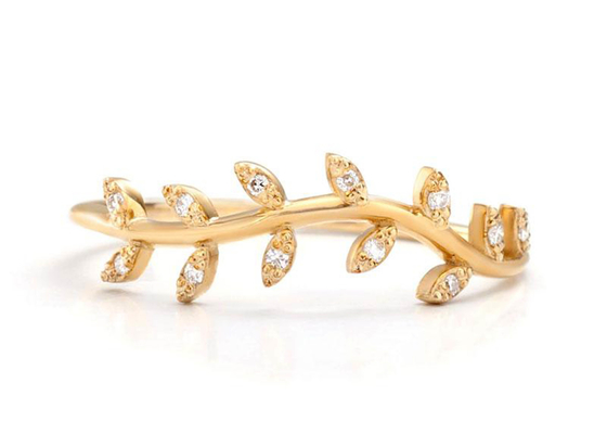 14K Kuning Emas Zaitun Cabang Cincin Berlian Potongan Bulat Ukuran 1.2mm