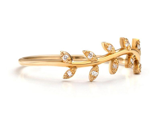 14K Kuning Emas Zaitun Cabang Cincin Berlian Potongan Bulat Ukuran 1.2mm