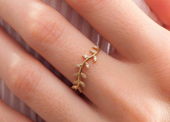 14K Kuning Emas Zaitun Cabang Cincin Berlian Potongan Bulat Ukuran 1.2mm