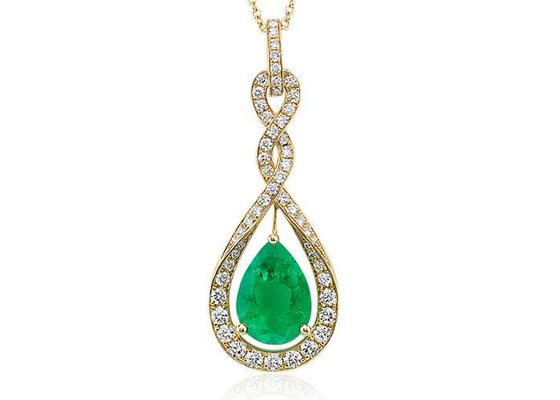 Pear Cut 14K Gold Necklaces Dengan Natural Green Emerald Tiny Diamond ukuran 6x8MM
