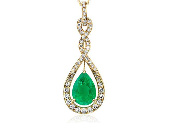 Pear Cut 14K Gold Necklaces Dengan Natural Green Emerald Tiny Diamond ukuran 6x8MM