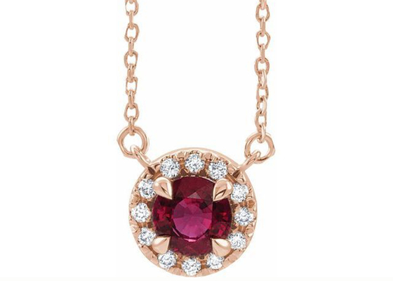 Kalung Liontin Ruby Alami 14K Emas Potongan Bulat Dengan Batu Halo 0.6ct 5mm